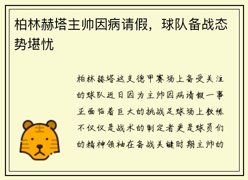 柏林赫塔主帅因病请假，球队备战态势堪忧